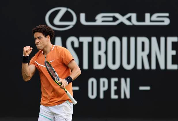 22nd June 2025; Devonshire Park, Eastbourne, East Sussex, England: Lexus International Eastbourne, Qualifying Day 2; George Loffhagen (GBR) celebrates a point won in the match against Billy Harris (GBR)  ActionPlus12804452 HongboxChen