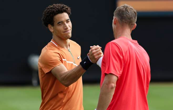 22nd June 2025; Devonshire Park, Eastbourne, East Sussex, England: Lexus International Eastbourne, Qualifying Day 2; George Loffhagen (GBR) shakes hands with Billy Harris (GBR) after the match  ActionPlus12804455 HongboxChen