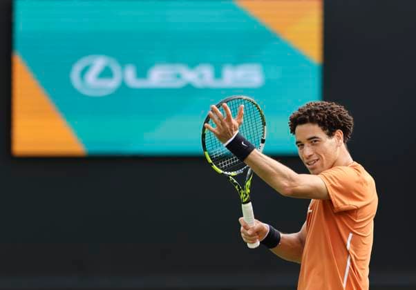 22nd June 2025; Devonshire Park, Eastbourne, East Sussex, England: Lexus International Eastbourne, Qualifying Day 2; George Loffhagen (GBR) celebrates his victory after defeating Billy Harris (GBR)  ActionPlus12804456 HongboxChen