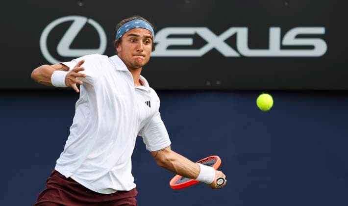22nd June 2025; Devonshire Park, Eastbourne, East Sussex, England: Lexus International Eastbourne, Qualifying Day 2; Mattia Bellucci (ITA) plays a forehand shot against Chun-Hsin Tseng (TPE)  ActionPlus12804457 HongboxChen