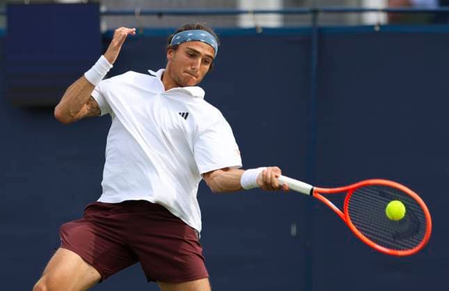 22nd June 2025; Devonshire Park, Eastbourne, East Sussex, England: Lexus International Eastbourne, Qualifying Day 2; Mattia Bellucci (ITA) plays a forehand shot against Chun-Hsin Tseng (TPE)  ActionPlus12804459 HongboxChen