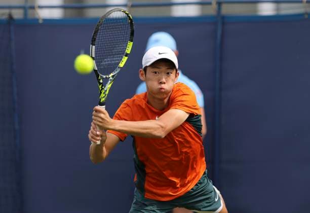 22nd June 2025; Devonshire Park, Eastbourne, East Sussex, England: Lexus International Eastbourne, Qualifying Day 2; Chun-Hsin Tseng (TPE) plays a backhand shot against Mattia Bellucci (ITA)  ActionPlus12804463 HongboxChen