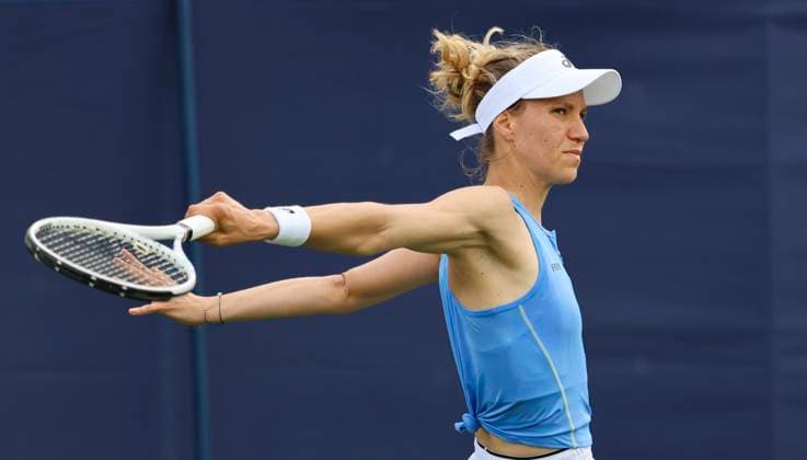 22nd June 2025; Devonshire Park, Eastbourne, East Sussex, England: Lexus International Eastbourne, Qualifying Day 2; Viktorija Golubic (SUI) plays a backhand shot against Varvara Gracheva (FRA)  ActionPlus12804467 HongboxChen