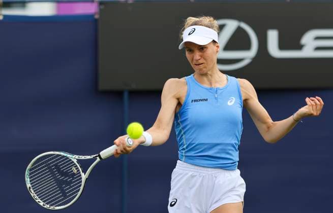 22nd June 2025; Devonshire Park, Eastbourne, East Sussex, England: Lexus International Eastbourne, Qualifying Day 2; Viktorija Golubic (SUI) plays a forehand shot against Varvara Gracheva (FRA)  ActionPlus12804468 HongboxChen