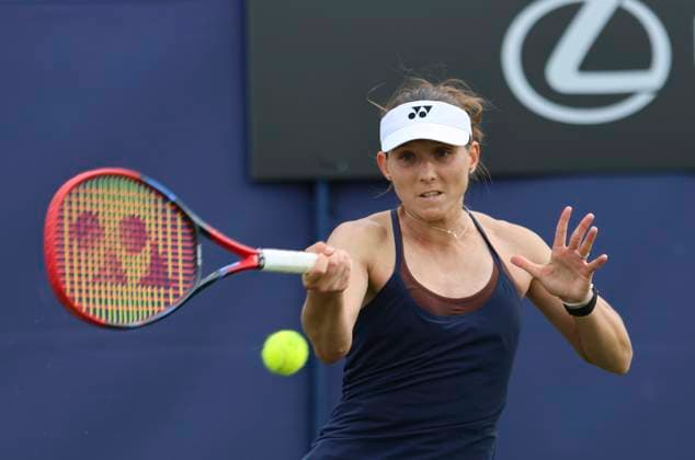 22nd June 2025; Devonshire Park, Eastbourne, East Sussex, England: Lexus International Eastbourne, Qualifying Day 2; Varvara Gracheva (FRA) plays a forehand shot against Viktorija Golubic (SUI)  ActionPlus12804472 HongboxChen