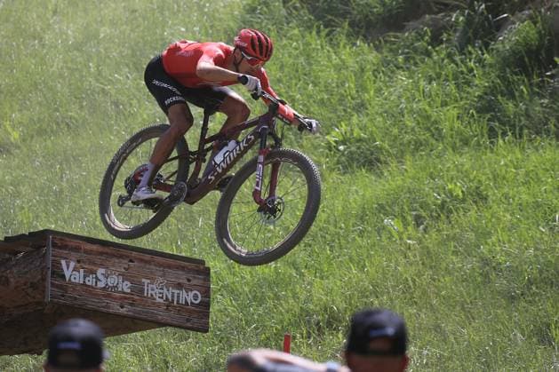 22nd June 2025, Val di Sole, Trentino, Italy; UCI Mountain Bike World Cup, Day 3; Christopher BLEVINS (USA) takes the ramp jump  ActionPlus12804480 PierrexTeyssot