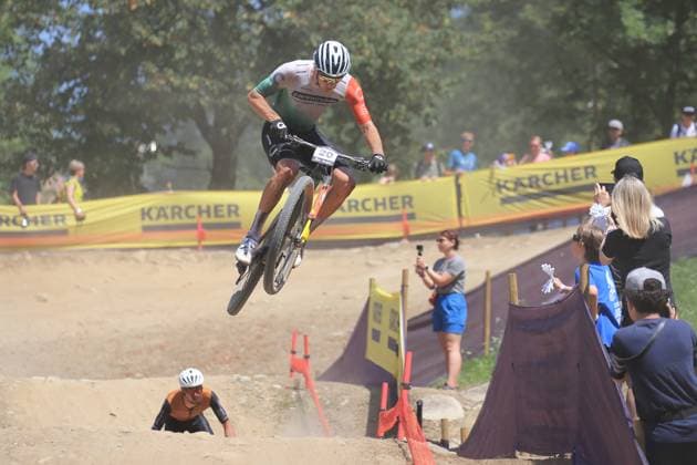 22nd June 2025, Val di Sole, Trentino, Italy; UCI Mountain Bike World Cup, Day 3; Charlie Aldridge (GBR) airborne  ActionPlus12804481 PierrexTeyssot