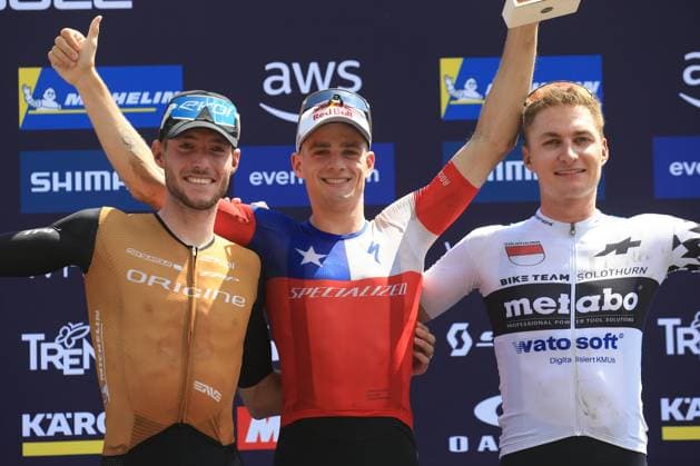 22nd June 2025, Val di Sole, Trentino, Italy; UCI Mountain Bike World Cup, Day 3; Mathis Azzaro (FRA), Martin VIDAURRE KOSSMANN (CHI) and Fabio Puntener (SUI)  ActionPlus12804489 PierrexTeyssot