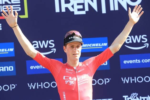 22nd June 2025, Val di Sole, Trentino, Italy; UCI Mountain Bike World Cup, Day 3; Finn Treudler (SUI) on the podium  ActionPlus12804494 PierrexTeyssot