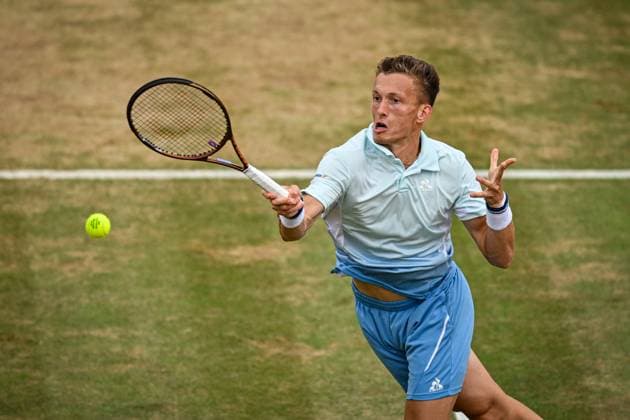 22nd June 2025; HSBC Championships, Queens Club, West Kensington, London, England: HSBC Mens Championships Queens Club, Day 7; Jiri Lehecka (CZE) hits a volley in the final against Carlos Alcaraz (ESP)  ActionPlus12804536 GodfreyxPitt