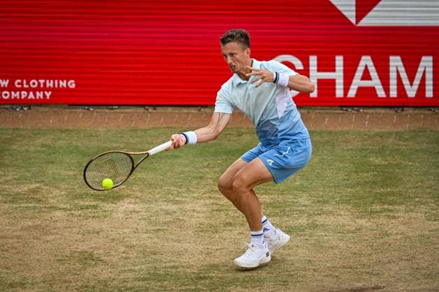 22nd June 2025; HSBC Championships, Queens Club, West Kensington, London, England: HSBC Mens Championships Queens Club, Day 7; Jiri Lehecka (CZE) hits a forehand in the final against Carlos Alcaraz (ESP)  ActionPlus12804537 GodfreyxPitt