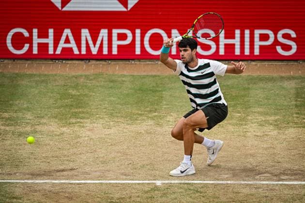 22nd June 2025; HSBC Championships, Queens Club, West Kensington, London, England: HSBC Mens Championships Queens Club, Day 7; Carlos Alcaraz (ESP) hits a forehand in the final against Jiri Lehecka (CZE)  ActionPlus12804540 GodfreyxPitt