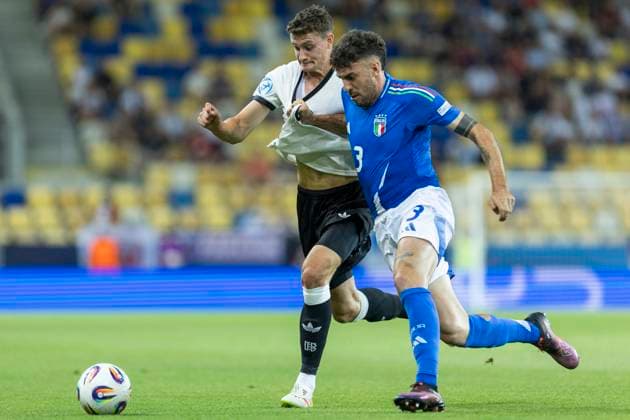UEFA U21 European Championship, quarter-final Germany Italy 22 06 2025 Eric Martel Germany, 6 , Matteo Ruggeri Italy, 3 at the UEFA U21 European Championship quarter-final match Germany Italy, on 22 06 2025, DAC Arena, Dunajska Streda, Slovakia Copyright: xBEAUTIFULxSPORTS Meuselx
