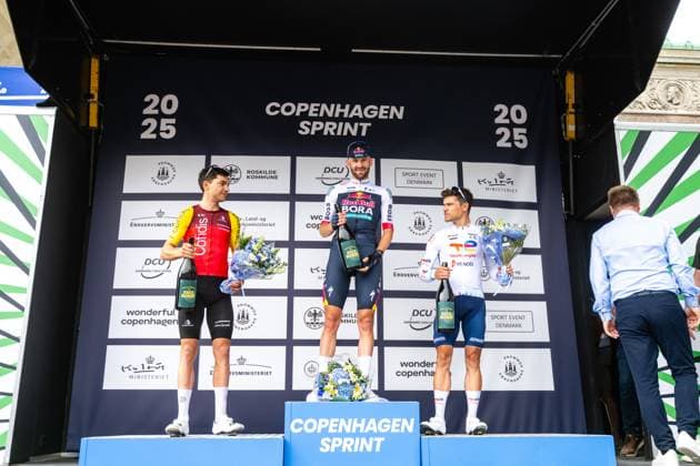 Copenhagen Sprint 2025, UCI World Tour cycling Copenhagen, Denmark. 22nd, June 2025. Jordi Meeus (Red Bull-Bora-Hansgrohe) seen on the podium as winner of the race in front of Alexis Renard (Cofidis) and Emilien Jeanniere (TotalEnergies) at the UCI World Tour race Copenhagen Sprint 2025. Denmark, Copenhagen  Copyright: xGonzalesxPhoto TobiasxJorgensenx