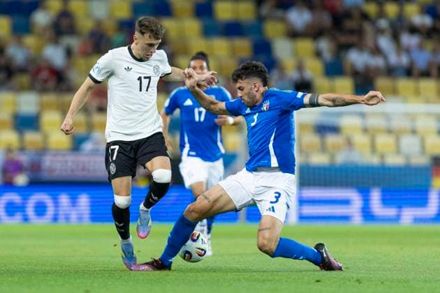 UEFA U21 European Championship, quarter-final Germany Italy 22 06 2025 Brajan Gruda Germany, 17 , Matteo Ruggeri Italy, 3 at the UEFA U21 European Championship quarter-final match Germany Italy, on 22 06 2025, DAC Arena, Dunajska Streda, Slovakia Copyright: xBEAUTIFULxSPORTS Meuselx