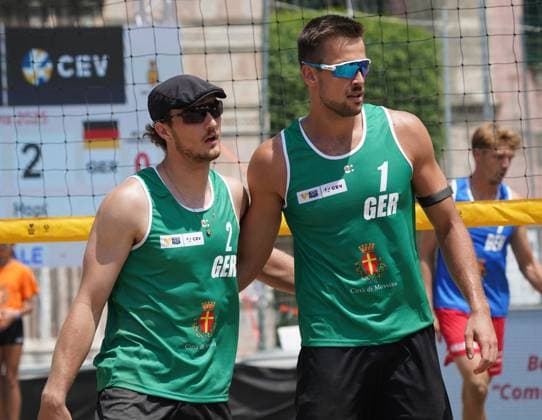 Volleyball World Beach Tour Futures Messina Mollgaard and Houmann (DEN) play against Hopt and Pfretzschner (GER) in the final for third place in the men s tournament at the Volleyball World Beach Pro Tour Futures in Messina, Italy, on June 22, 2025. Messina Italy  Copyright: xGabrielexMaricchiolox originalFilename:maricchiolo-volleyba250622_npvpT.jpg