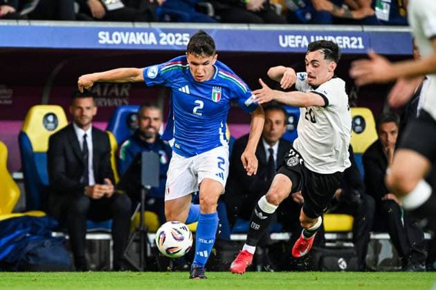 DUNAJSKA STREDA - (l-r) Mattia Zanotti of Italy U21, U 21 Paul Nebel of Germany U21 at the DAC Arena during the under-21 European Championship, EM, Europameisterschaft quarterfinal duel between Germany and Italy. ANP Hollandse Hoogte SOC 2025 xVIxANPxSportx xGerritxvanxKeulenxIVx 530322539 originalFilename: 530322539.jpg