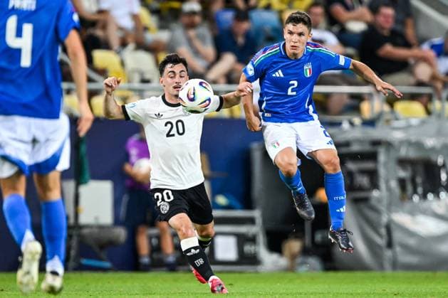 DUNAJSKA STREDA - (l-r) Paul Nebel of Germany U21, U 21 Mattia Zanotti of Italy U21 at the DAC Arena during the under-21 European Championship, EM, Europameisterschaft quarterfinal duel between Germany and Italy. ANP Hollandse Hoogte SOC 2025 xVIxANPxSportx xGerritxvanxKeulenxIVx 530322572 originalFilename: 530322572.jpg