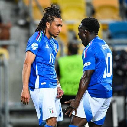 DUNAJSKA STREDA - (l-r) Luca Koleosho of Italy U21, U 21 Wilfried Gnonto of Italy U21 celebrate the 0-1 at the DAC Arena during the quarterfinal European Championship, EM, Europameisterschaft under-21 duel between Germany and Italy. ANP Hollandse Hoogte SOC 2025 xVIxANPxSportx xGerritxvanxKeulenxIVx 530322590 originalFilename: 530322590.jpg