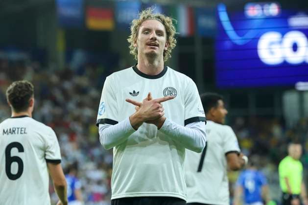 Nick Woltemade Germany celebrates scoring his teams first goal, UEFA European Under 21 Championship 2025 Quarter Final, Germany v Italy, MOL Arà na on June 22, 2025 in Dunajska Streda, Slovakia Photo by Marco Steinbrenner DeFodi Images Nick Woltemade Germany celebrates after scoring his teams first goal, UEFA European Under 21 Championship 2025 Quarter Final, Germany v Italy, MOL Arà na, June 22, 2025 in Dunajska Streda, Slovakia Photo by Marco Steinbrenner DeFodi Images