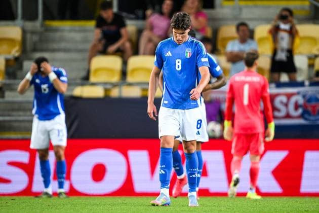 DUNAJSKA STREDA - Cesare Casadei of Italy U21, U 21 balks at the 2-1 in the DAC Arena during the under-21 European Championship, EM, Europameisterschaft quarterfinal duel between Germany and Italy. ANP Hollandse Hoogte SOC 2025 xVIxANPxSportx xGerritxvanxKeulenxIVx 530324005 originalFilename: 530324005.jpg