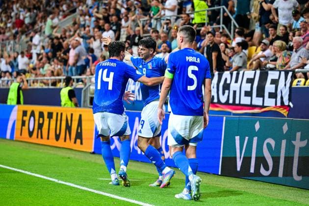 DUNAJSKA STREDA - Giuseppe Ambrosino of Italy U21, U 21 celebrates the 2-2 at the DAC Arena during the quarterfinal European Under-21 Championship game between Germany and Italy. ANP Hollandse Hoogte SOC 2025 xVIxANPxSportx xGerritxvanxKeulenxIVx 530324302 originalFilename: 530324302.jpg