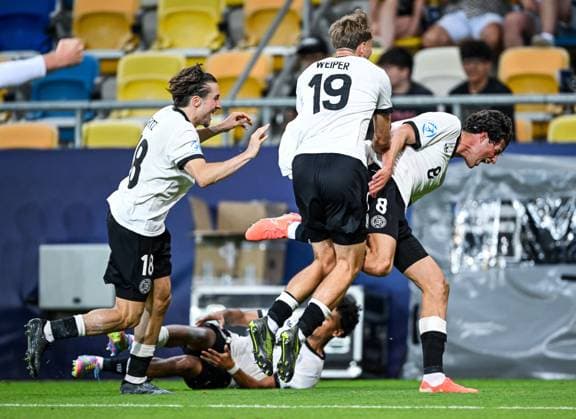 DUNAJSKA STREDA - Marlin Rohl of Germany U21, U 21 celebrates the 3-2 at the DAC Arena during the quarterfinal European Under-21 Championship game between Germany and Italy. ANP Hollandse Hoogte SOC 2025 xVIxANPxSportx xGerritxvanxKeulenxIVx 530325476 originalFilename: 530325476.jpg