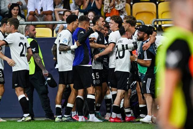 DUNAJSKA STREDA - Marlin Rohl of Germany U21, U 21 celebrates the 3-2 at the DAC Arena during the quarterfinal European Under-21 Championship game between Germany and Italy. ANP Hollandse Hoogte SOC 2025 xVIxANPxSportx xGerritxvanxKeulenxIVx 530325489 originalFilename: 530325489.jpg