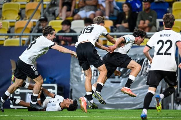 DUNAJSKA STREDA - Marlin Rohl of Germany U21, U 21 celebrates the 3-2 at the DAC Arena during the quarterfinal European Under-21 Championship game between Germany and Italy. ANP Hollandse Hoogte SOC 2025 xVIxANPxSportx xGerritxvanxKeulenxIVx 530325501 originalFilename: 530325501.jpg