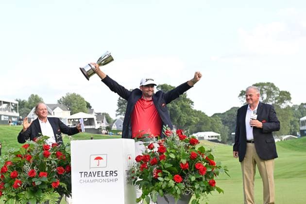 June 22, 2025: Keegan Bradley of Woodstock, VT, reacts after winning the PGA, Golf Herren Travelers Championship golf tournament held at TPC River Highlands in Cromwell CT. Cal Media Cromwell USA - ZUMAc04_ 20250622_zma_c04_094 Copyright: xEricxCanhax