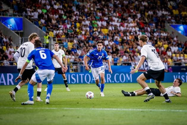 GERMANY U21, U 21 - ITALY U21 Niccolo Pisilli of Italy during the UEFA European Under-21 Championship 2025 Quarterfinal football match between Germany U21 and Italy U21. Stadium DAC Arena (MOL Arena), Dunajska Streda, Slovakia, June 22, 2025. Photo by Branislav Racko Copyright: xx _BRR3299
