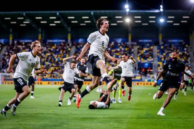 GERMANY U21, U 21 - ITALY U21 Merlin Rohl of Germany celebrates a goal with Nelson Weiper during the UEFA European Under-21 Championship 2025 Quarterfinal football match between Germany U21 and Italy U21. Stadium DAC Arena (MOL Arena), Dunajska Streda, Slovakia, June 22, 2025. Photo by Branislav Racko Copyright: xx _BRR3372