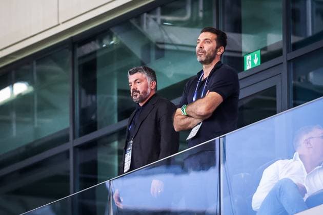 GERMANY U21, U 21 - ITALY U21 Gianluigi Buffon and Gennaro Gattuso during the UEFA European Under-21 Championship 2025 Quarterfinal football match between Germany U21 and Italy U21. Stadium DAC Arena (MOL Arena), Dunajska Streda, Slovakia, June 22, 2025. Photo by Branislav Racko Copyright: xx 080A3107