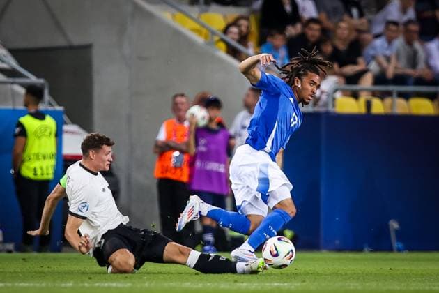 GERMANY U21, U 21 - ITALY U21 Eric Martel of Germany and Luca Koleosho of Italy during the UEFA European Under-21 Championship 2025 Quarterfinal football match between Germany U21 and Italy U21. Stadium DAC Arena (MOL Arena), Dunajska Streda, Slovakia, June 22, 2025. Photo by Branislav Racko Copyright: xx 080A3389