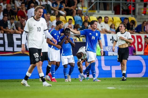 GERMANY U21, U 21 - ITALY U21 Wilfried Gnonto of Italy after he recieves a red card during the UEFA European Under-21 Championship 2025 Quarterfinal football match between Germany U21 and Italy U21. Stadium DAC Arena (MOL Arena), Dunajska Streda, Slovakia, June 22, 2025. Photo by Branislav Racko Copyright: xx 080A4073