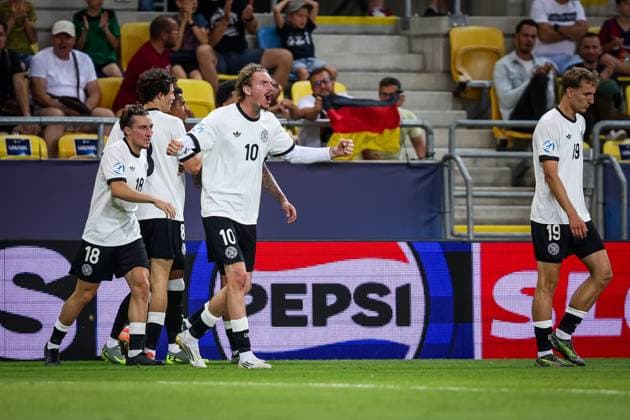 GERMANY U21, U 21 - ITALY U21 Nick Woltemade, Nelson Weiper, Rocco Reitz of Germany celebrate a goal the UEFA European Under-21 Championship 2025 Quarterfinal football match between Germany U21 and Italy U21. Stadium DAC Arena (MOL Arena), Dunajska Streda, Slovakia, June 22, 2025. Photo by Branislav Racko Copyright: xx 080A4296