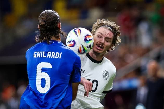 GERMANY U21, U 21 - ITALY U21 Nick Woltemade of Germany and Daniele Ghilardi of Italy during the UEFA European Under-21 Championship 2025 Quarterfinal football match between Germany U21 and Italy U21. Stadium DAC Arena (MOL Arena), Dunajska Streda, Slovakia, June 22, 2025. Photo by Branislav Racko Copyright: xx 080A4407