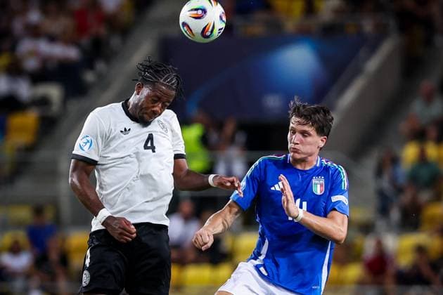 GERMANY U21, U 21 - ITALY U21 Bright Arrey Mbi of Germany and Giovanni Fabbian of Italy during the UEFA European Under-21 Championship 2025 Quarterfinal football match between Germany U21 and Italy U21. Stadium DAC Arena (MOL Arena), Dunajska Streda, Slovakia, June 22, 2025. Photo by Branislav Racko Copyright: xx 080A4683