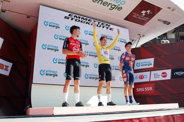 TDS 8 stage podium with Joao Almeida, Kevin Vauquelin and Edgar Oscar Onley 22 06 2025 Emmetten, SWITZERLAND, Mens Tour de Suisse 8 stage Beckenried Stockhuette podium with Kevin Vauquelin FRA Team Arkea B B Hotels, Joao Almeida POR Team UAE Emirates and Edgar Oscar Onley GBR Team Picnic Postnl