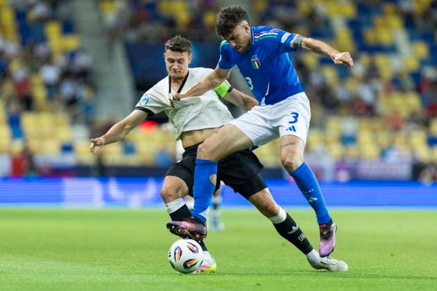 UEFA U21 European Championship, quarter-final Germany Italy 22 06 2025 Eric Martel Germany, 6 , Matteo Ruggeri Italy, 3 at the UEFA U21 European Championship quarter-final match Germany Italy, on 22 06 2025, DAC Arena, Dunajska Streda, Slovakia Copyright: xBEAUTIFULxSPORTS Meuselx