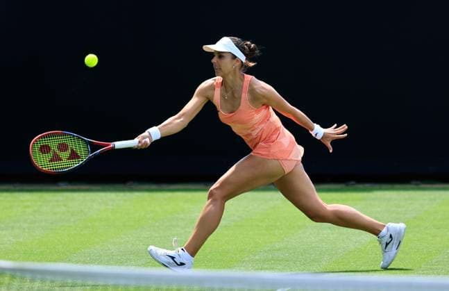 23rd June 2025; Devonshire Park, Eastbourne, East Sussex, England; Lexus International Eastbourne, Day 1; Viktoriya Tomova (BUL) plays a forehand shot against Anastasia Pavlyuchenkova  ActionPlus12804656 HongboxChen