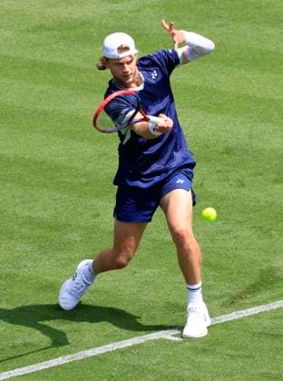 23rd June 2025; Devonshire Park, Eastbourne, East Sussex, England; Lexus International Eastbourne, Day 1; Zizou Bergs (BEL) plays a forehand shot against Joao Fonseca (BRA)  ActionPlus12804658 HongboxChen