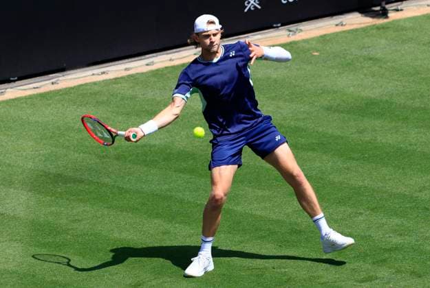 23rd June 2025; Devonshire Park, Eastbourne, East Sussex, England; Lexus International Eastbourne, Day 1; Zizou Bergs (BEL) plays a forehand shot against Joao Fonseca (BRA)  ActionPlus12804661 HongboxChen