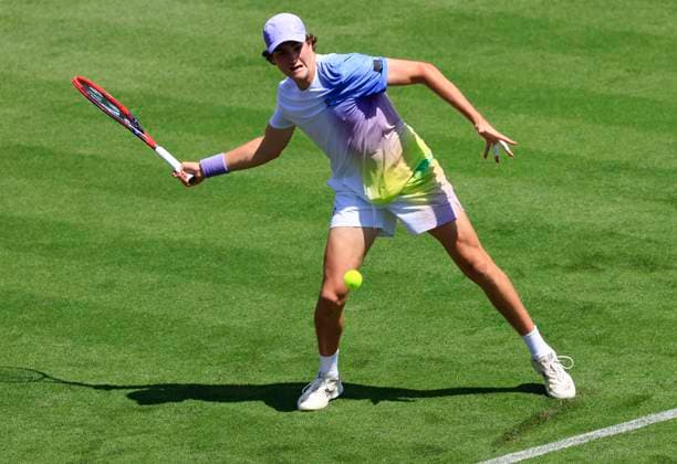 23rd June 2025; Devonshire Park, Eastbourne, East Sussex, England; Lexus International Eastbourne, Day 1; Joao Fonseca (BRA) plays a forehand shot against Zizou Bergs (BEL)  ActionPlus12804663 HongboxChen