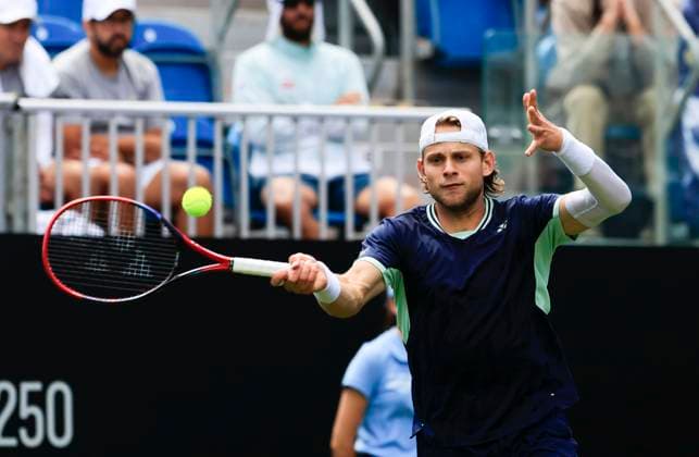 23rd June 2025; Devonshire Park, Eastbourne, East Sussex, England; Lexus International Eastbourne, Day 1; Zizou Bergs (BEL) plays a forehand shot against Joao Fonseca (BRA)  ActionPlus12804668 HongboxChen