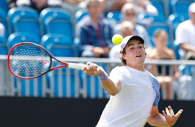 23rd June 2025; Devonshire Park, Eastbourne, East Sussex, England; Lexus International Eastbourne, Day 1; Joao Fonseca (BRA) plays a forehand shot against Zizou Bergs (BEL)  ActionPlus12804669 HongboxChen