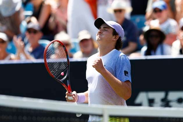 23rd June 2025; Devonshire Park, Eastbourne, East Sussex, England; Lexus International Eastbourne, Day 1; Joao Fonseca (BRA) celebrates his win over Zizou Bergs (BEL)  ActionPlus12804670 HongboxChen