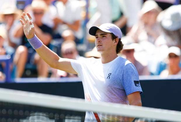 23rd June 2025; Devonshire Park, Eastbourne, East Sussex, England; Lexus International Eastbourne, Day 1; Joao Fonseca (BRA) celebrates his win over Zizou Bergs (BEL)  ActionPlus12804671 HongboxChen