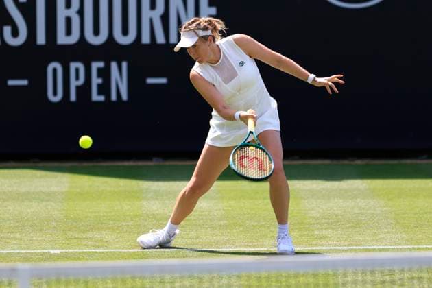 23rd June 2025; Devonshire Park, Eastbourne, East Sussex, England; Lexus International Eastbourne, Day 1; Anastasia Pavlyuchenkova plays a forehand shot against Viktoriya Tomova (BUL)  ActionPlus12804645 HongboxChen