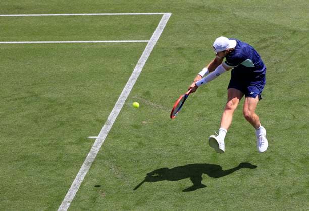23rd June 2025; Devonshire Park, Eastbourne, East Sussex, England; Lexus International Eastbourne, Day 1; Zizou Bergs (BEL) plays a backhand shot against Joao Fonseca (BRA)  ActionPlus12804740 HongboxChen